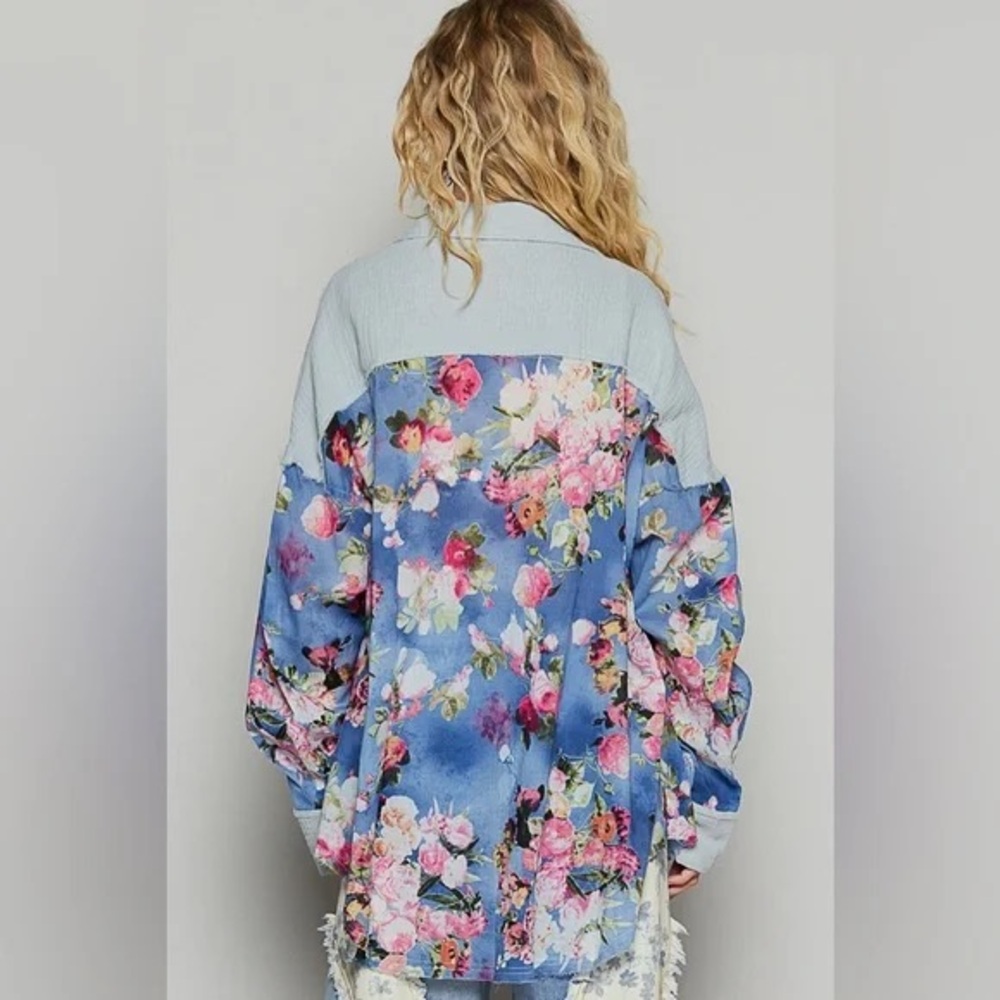 POL Blue Washed Floral Cotton Oversized Shirt - Size S - Brand New** - Picture 3 of 9